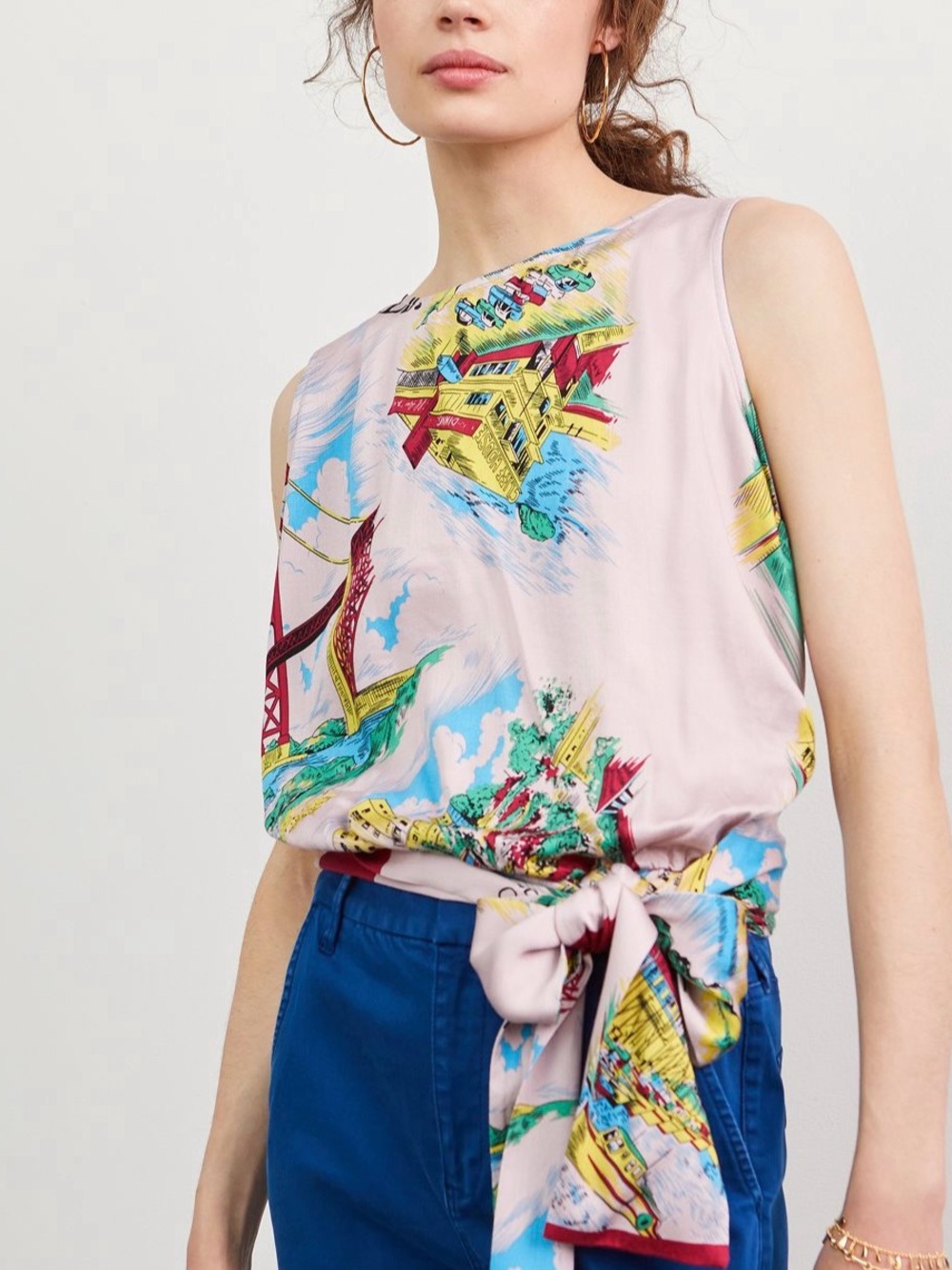 Anthropologie Pink Scenic Print Tie-Waist Tank